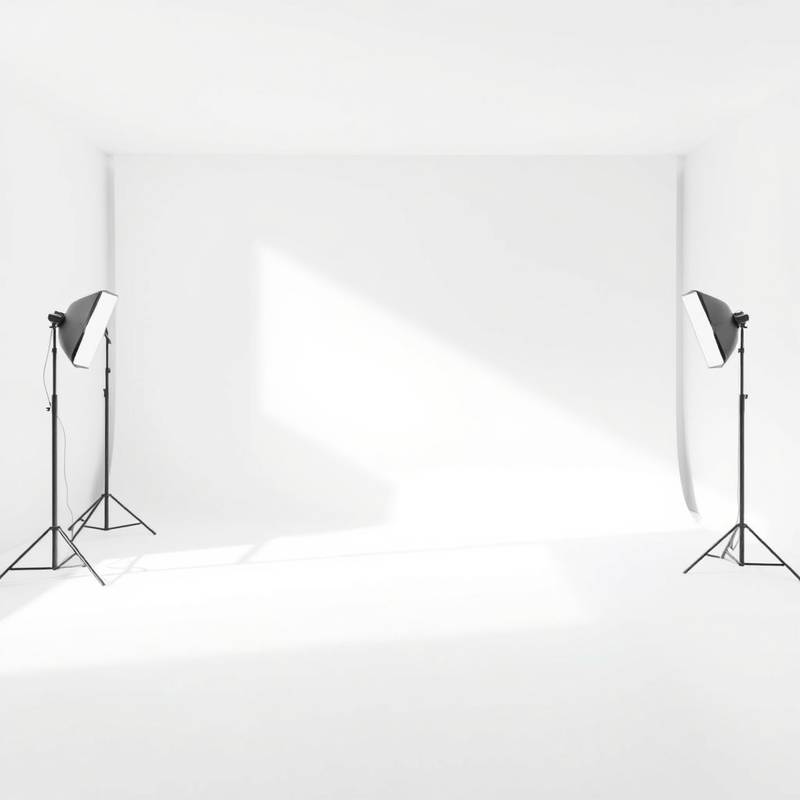 Clean and minimalist studio with white walls, seamless backdrop, and controlled lighting for pristine product and portrait photography.