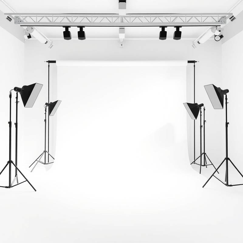 Clean, minimalist studio with white walls and seamless backdrop.