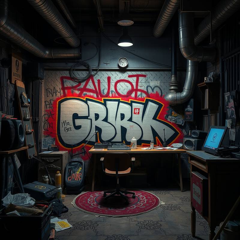 Edgy urban studio with graffiti art and industrial details.