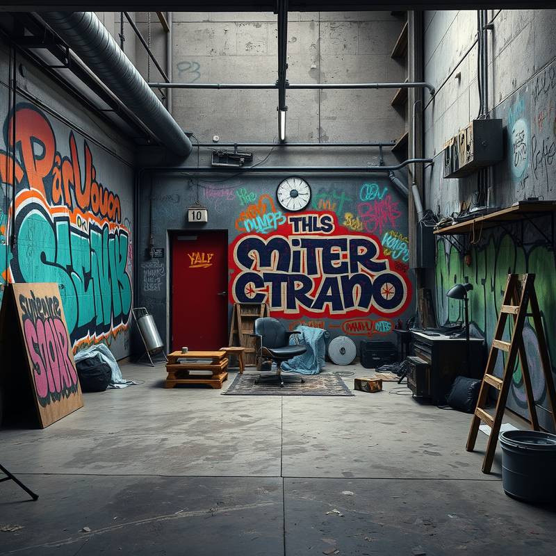 Edgy urban studio with graffiti art, concrete floors, and industrial props for a raw and authentic aesthetic.