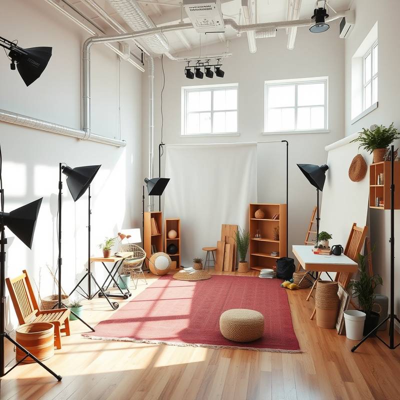 Outdoor studio setup with a variety of backdrops and props for natural light photography.
