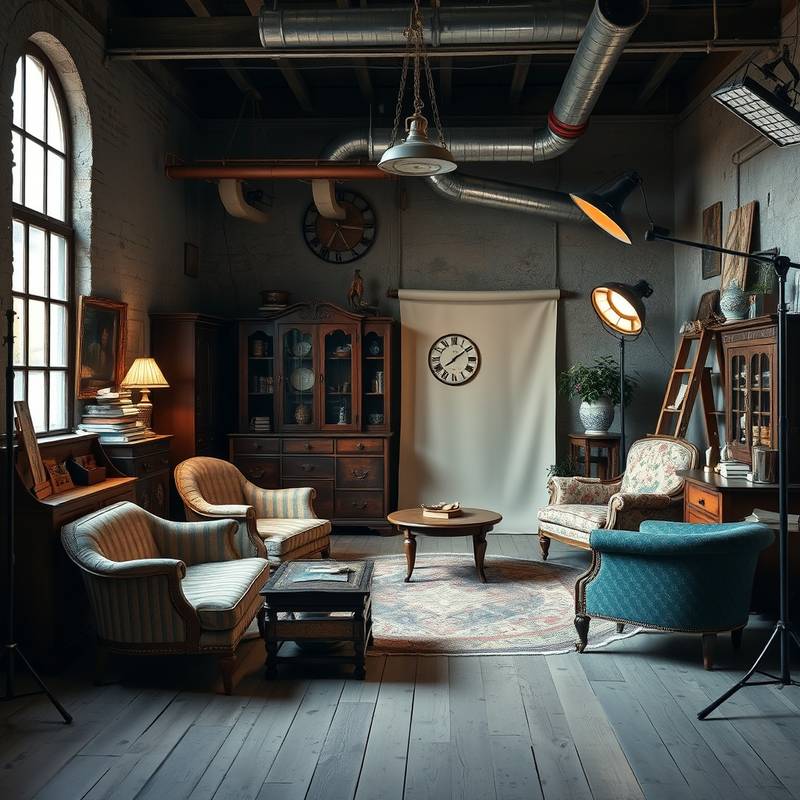 Vintage-themed studio with antique furniture, classic props, and customizable lighting options for a timeless and nostalgic feel.